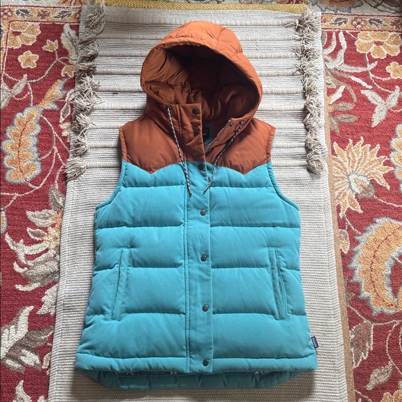 Patagonia Bivy Down Puffer Vest hooded Mogul Blue Turquoise teal Rust Womens M - Picture 2 of 12